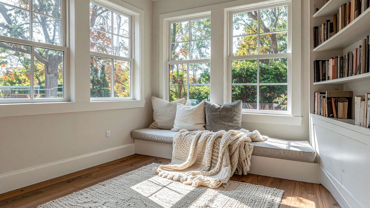 Große bodentiefe Fensterfront mit Blick in einen Garten